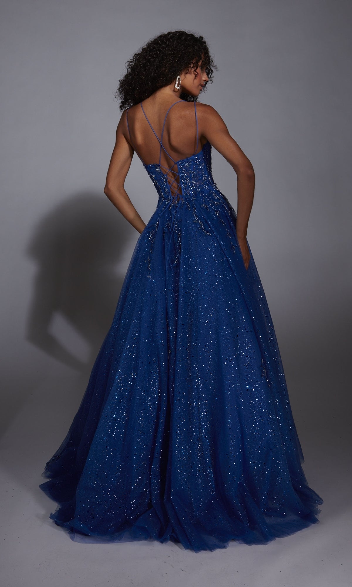 A woman faces away against a plain background, wearing the Alyce 61824 long prom dress—a sparkly blue ball gown with a corset bodice and lace-up back.
